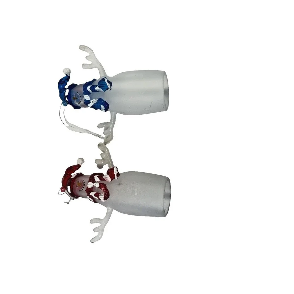 Vintage Frosted Glass Snowman Ornament Set Red Blue Hats Blown Glass Pair 4 ½”